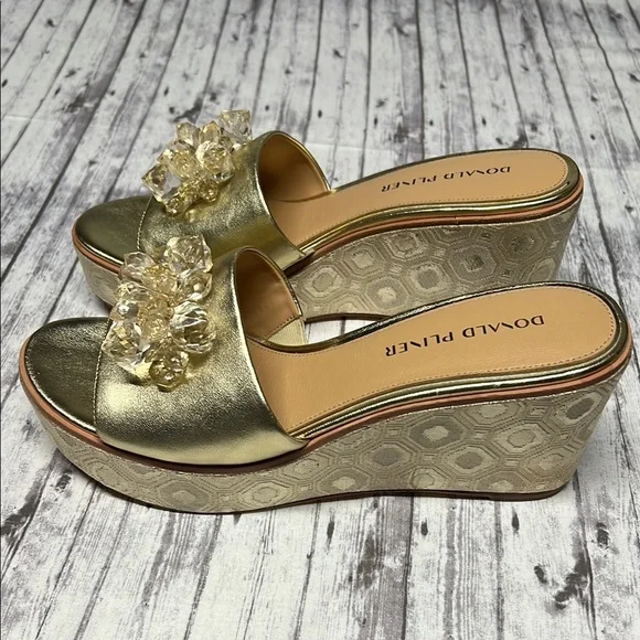 Donald J. Pliner Gold Wedge Slides with gem Embellishment - Picture 2 of 5